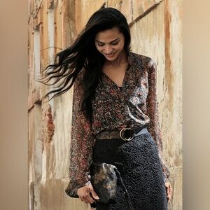 Peruvian Connection Serenity Long Sleeve Sheer Blouse Black Floral Large NEW